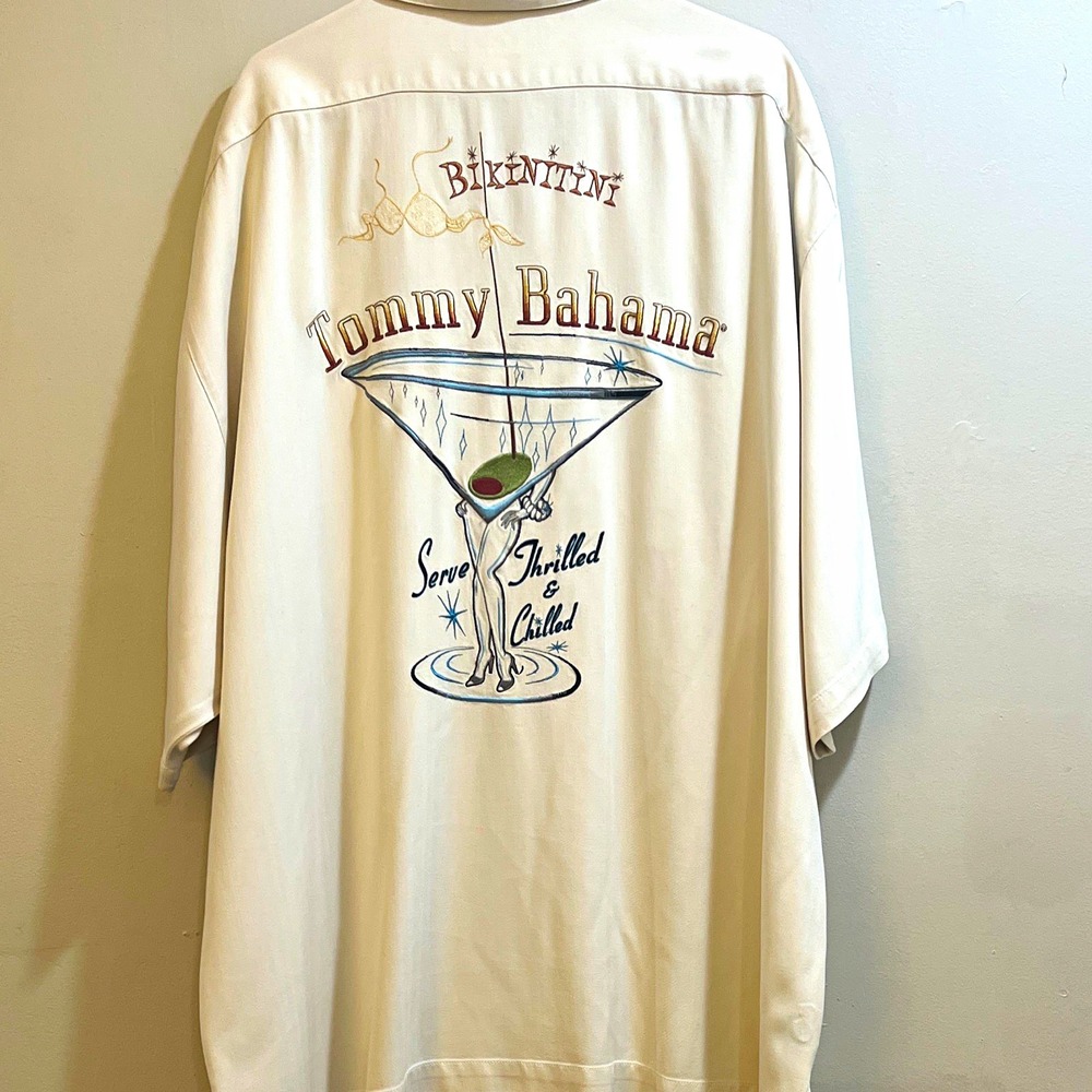Tommy Bahama Men's XL Beige Silk Short Sleeve Woven Button-Up Shirt Embroidered